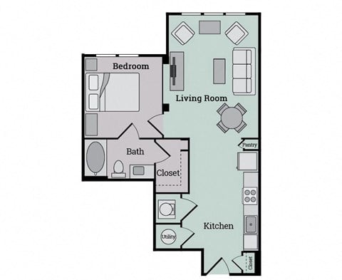 Floor plan for 1 bed, 1 bath, 698 sqft